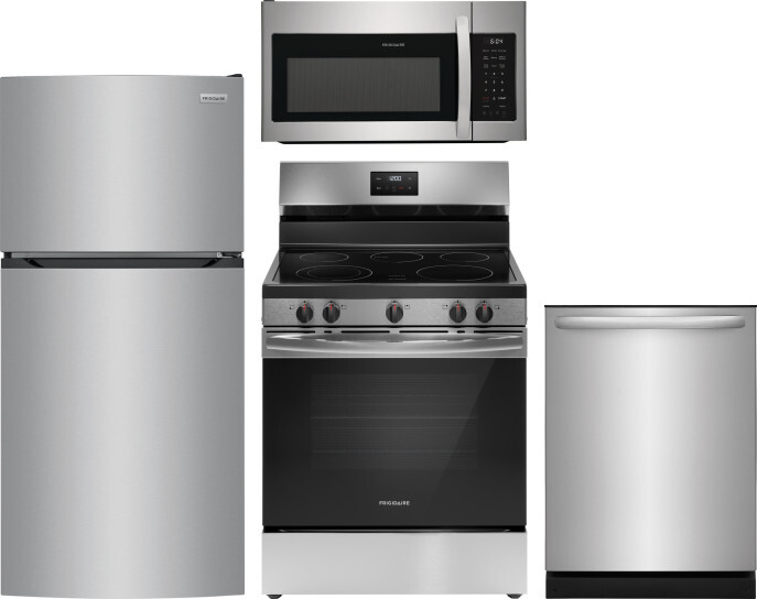Frigidaire 4 Piece Kitchen Appliances Package with Top Freezer Refrigerator, Electric Range, Dishwasher and Over the Range Microwave in Brushed Stainl