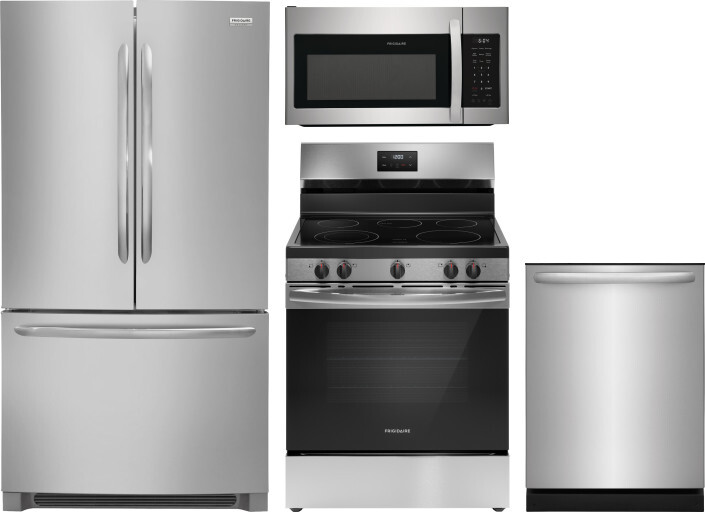 Frigidaire 4 Piece Kitchen Appliances Package with French Door Refrigerator, Electric Range, Dishwasher and Over the Range Microwave in Stainless Stee