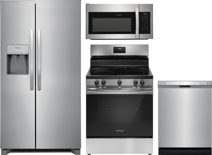Frigidaire 4 Piece Kitchen Appliances Package with Side-by-Side Refrigerator, Electric Range, Dishwasher and Over the Range Microwave in Stainless Ste