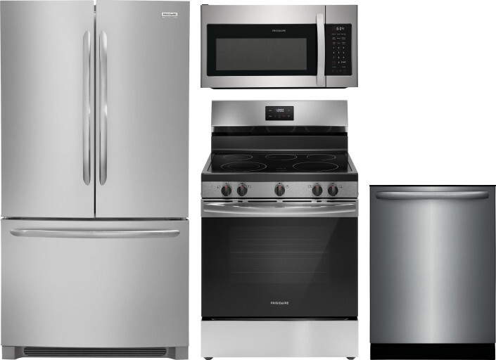 Frigidaire 4 Piece Kitchen Appliances Package with French Door Refrigerator, Electric Range, Dishwasher and Over the Range Microwave in Stainless Stee