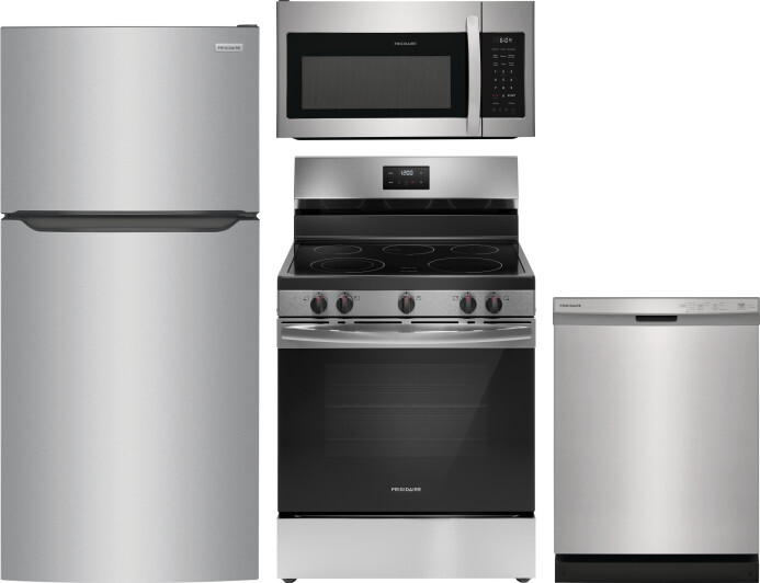 Frigidaire 4 Piece Kitchen Appliances Package with Top Freezer Refrigerator, Electric Range, Dishwasher and Over the Range Microwave in Stainless Stee