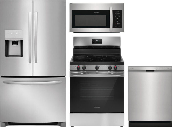 Frigidaire 4 Piece Kitchen Appliances Package with French Door Refrigerator, Electric Range, Dishwasher and Over the Range Microwave in Stainless Stee