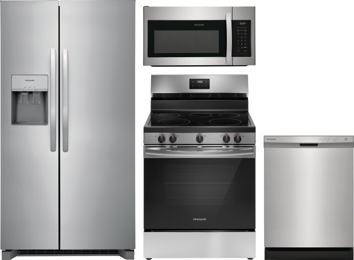 Frigidaire 4 Piece Kitchen Appliances Package with Side-by-Side Refrigerator, Electric Range, Dishwasher and Over the Range Microwave in Stainless Ste