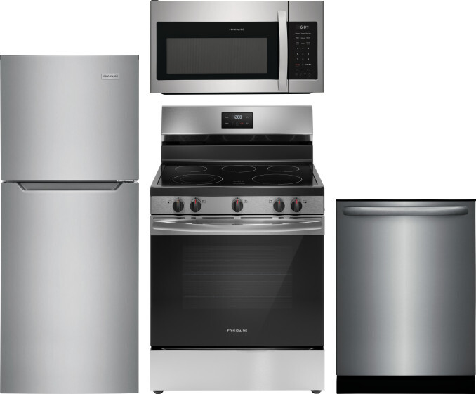 Frigidaire 4 Piece Kitchen Appliances Package with Top Freezer Refrigerator, Electric Range, Dishwasher and Over the Range Microwave in Brushed Stainl