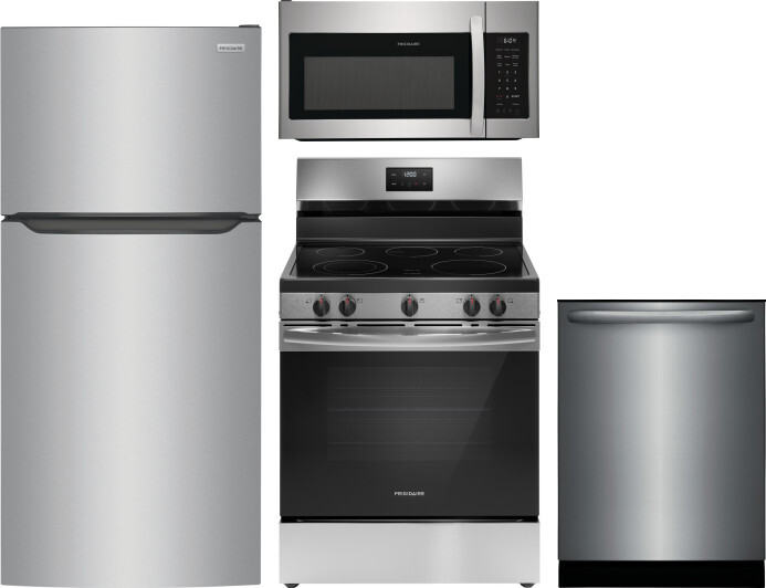 Frigidaire 4 Piece Kitchen Appliances Package with Top Freezer Refrigerator, Electric Range, Dishwasher and Over the Range Microwave in Stainless Stee