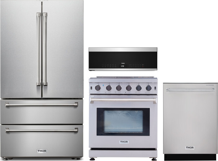 Thor Kitchen 4 Piece Kitchen Appliances Package with French Door Refrigerator, Gas Range, Dishwasher and Over the Range Microwave in Stainless Steel T -  THORERADWMW100