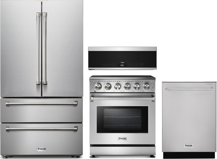 Thor Kitchen 4 Piece Kitchen Appliances Package with French Door Refrigerator, Electric Range, Dishwasher and Over the Range Microwave in Stainless St