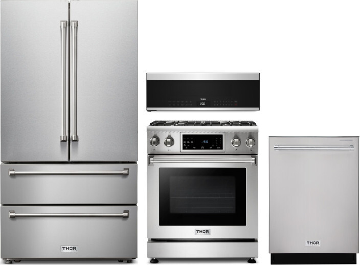 Thor Kitchen 4 Piece Kitchen Appliances Package with French Door Refrigerator, Gas Range, Dishwasher and Over the Range Microwave in Stainless Steel T