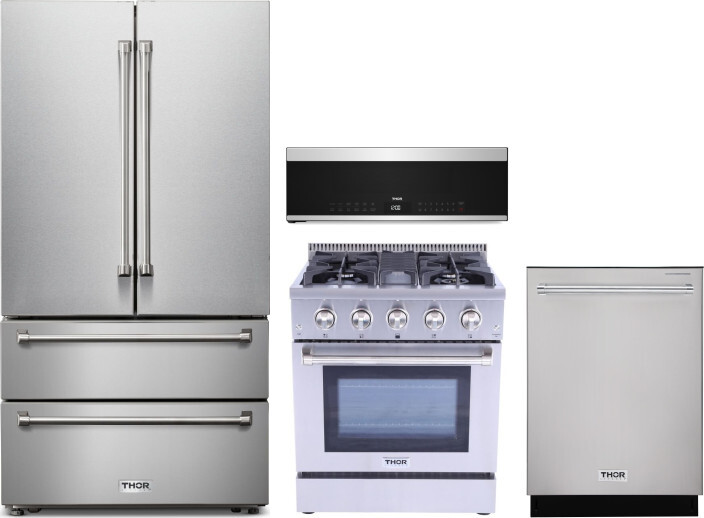Thor Kitchen 4 Piece Kitchen Appliances Package with French Door Refrigerator, Gas Range, Dishwasher and Over the Range Microwave in Stainless Steel T