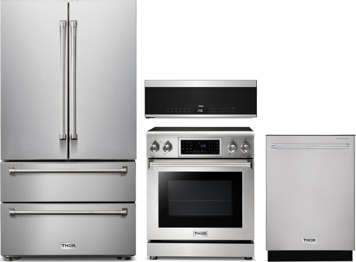 Thor Kitchen 4 Piece Kitchen Appliances Package with French Door Refrigerator, Electric Range, Dishwasher and Over the Range Microwave in Stainless St