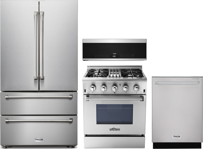 Thor Kitchen 4 Piece Kitchen Appliances Package with French Door Refrigerator, Dual Fuel Range, Dishwasher and Over the Range Microwave in Stainless S