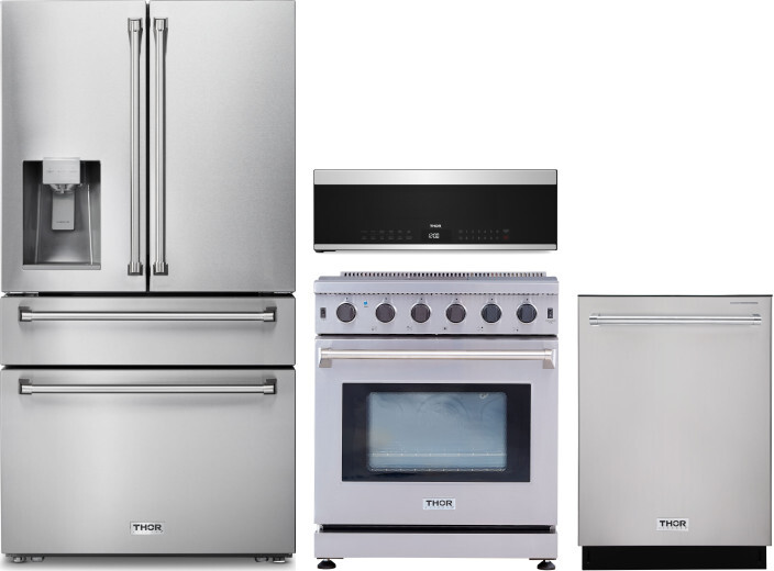 Thor Kitchen 4 Piece Kitchen Appliances Package with French Door Refrigerator, Gas Range, Dishwasher and Over the Range Microwave in Stainless Steel T