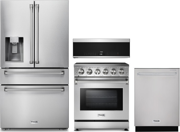 Thor Kitchen 4 Piece Kitchen Appliances Package with French Door Refrigerator, Electric Range, Dishwasher and Over the Range Microwave in Stainless St