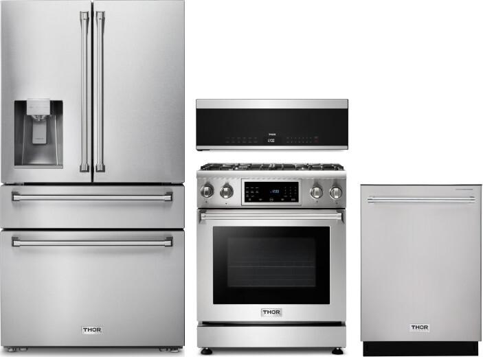 Thor Kitchen 4 Piece Kitchen Appliances Package with French Door Refrigerator, Gas Range, Dishwasher and Over the Range Microwave in Stainless Steel T