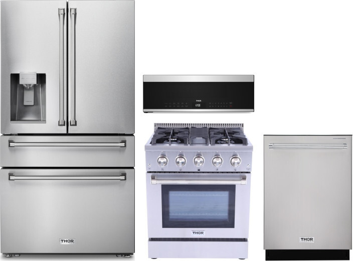 Thor Kitchen 4 Piece Kitchen Appliances Package with French Door Refrigerator, Gas Range, Dishwasher and Over the Range Microwave in Stainless Steel T
