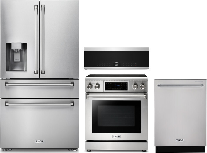 Thor Kitchen 4 Piece Kitchen Appliances Package with French Door Refrigerator, Electric Range, Dishwasher and Over the Range Microwave in Stainless St