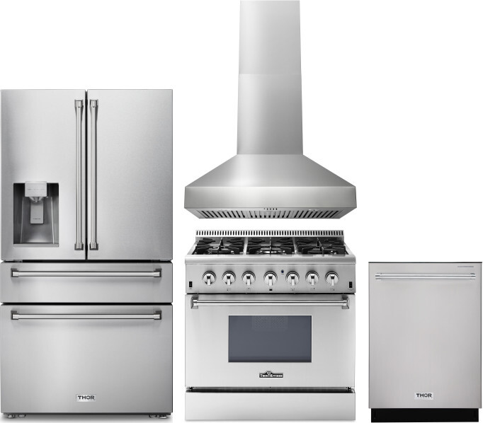 Thor Kitchen 4 Piece Kitchen Appliances Package with French Door Refrigerator, Dual Fuel Range and Dishwasher in Stainless Steel THORERADWRH137