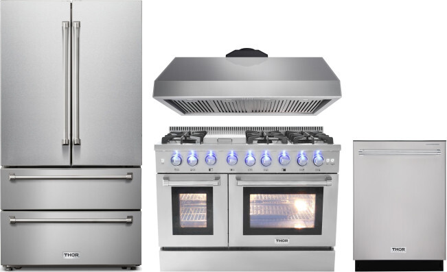 Thor Kitchen 4 Piece Kitchen Appliances Package with French Door Refrigerator, Dual Fuel Range and Dishwasher in Stainless Steel THORERADWRH139
