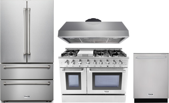 Thor Kitchen 4 Piece Kitchen Appliances Package with French Door Refrigerator, Gas Range and Dishwasher in Stainless Steel THORERADWRH140