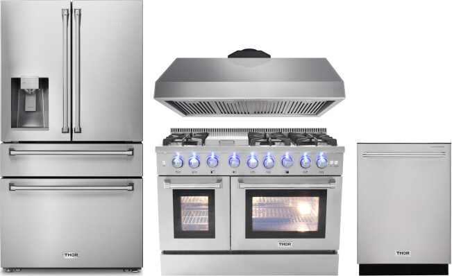 Thor Kitchen 4 Piece Kitchen Appliances Package with French Door Refrigerator, Dual Fuel Range and Dishwasher in Stainless Steel THORERADWRH142