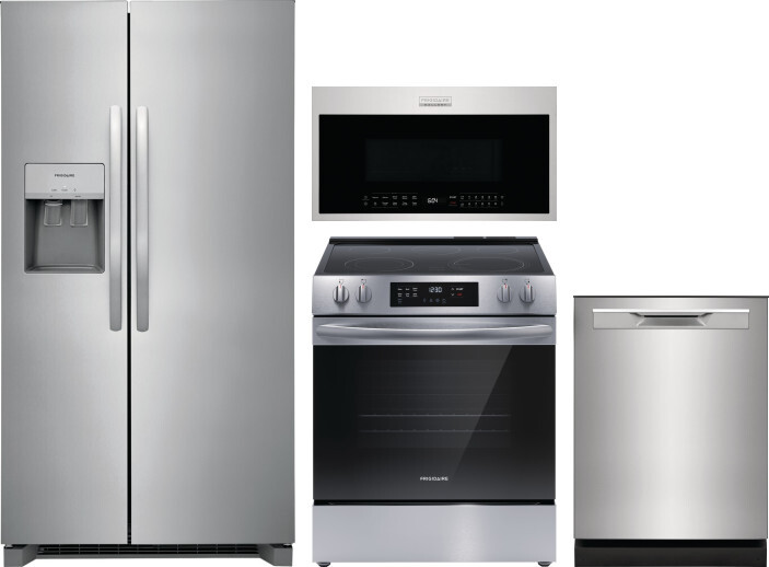 Frigidaire 4 Piece Kitchen Appliances Package with Side-by-Side Refrigerator, Electric Range, Dishwasher and Over the Range Microwave in Stainless Ste