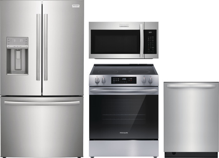 Frigidaire 4 Piece Kitchen Appliances Package with French Door Refrigerator, Electric Range, Dishwasher and Over the Range Microwave in Stainless Stee