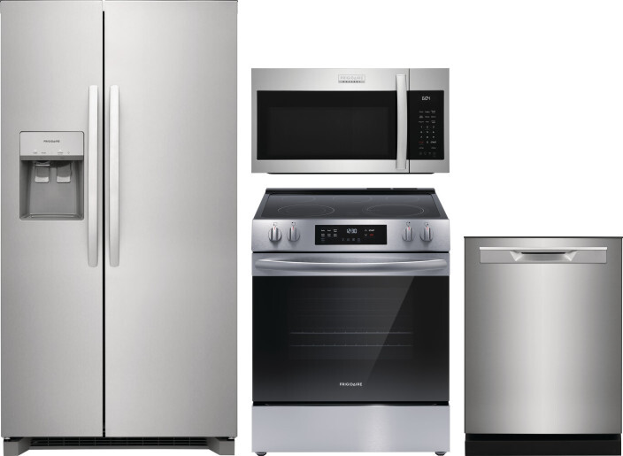 Frigidaire 4 Piece Kitchen Appliances Package with Side-by-Side Refrigerator, Electric Range, Dishwasher and Over the Range Microwave in Stainless Ste