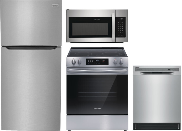 Frigidaire 4 Piece Kitchen Appliances Package with Top Freezer Refrigerator, Electric Range, Dishwasher and Over the Range Microwave in Stainless Stee
