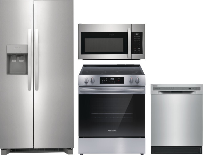 Frigidaire 4 Piece Kitchen Appliances Package with Side-by-Side Refrigerator, Electric Range, Dishwasher and Over the Range Microwave in Stainless Ste