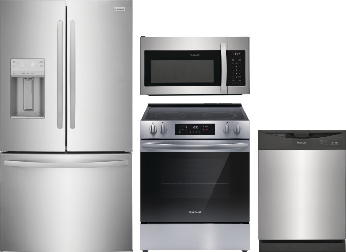 Frigidaire 4 Piece Kitchen Appliances Package with French Door Refrigerator, Electric Range, Dishwasher and Over the Range Microwave in Stainless Stee