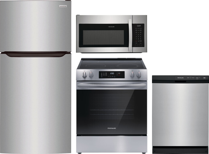 Frigidaire 4 Piece Kitchen Appliances Package with Top Freezer Refrigerator, Electric Range, Dishwasher and Over the Range Microwave in Stainless Stee