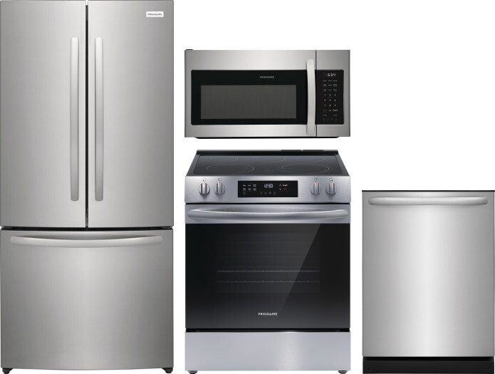 Frigidaire 4 Piece Kitchen Appliances Package with French Door Refrigerator, Electric Range, Dishwasher and Over the Range Microwave in Stainless Stee