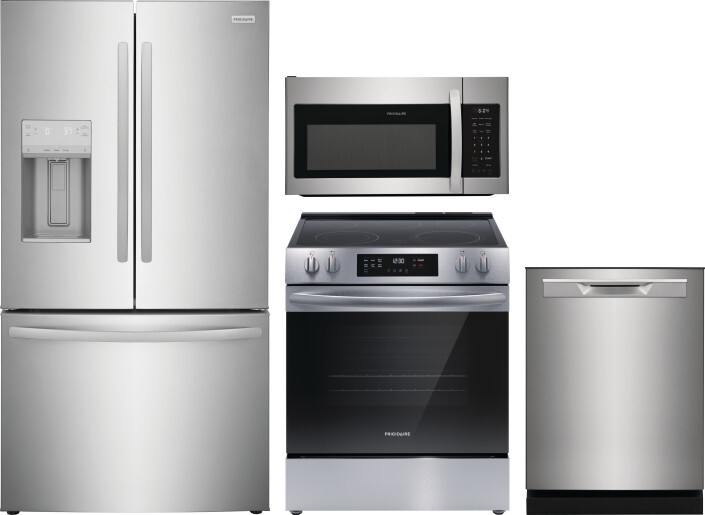 Frigidaire 4 Piece Kitchen Appliances Package with French Door Refrigerator, Electric Range, Dishwasher and Over the Range Microwave in Stainless Stee