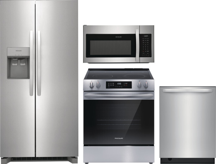 Frigidaire 4 Piece Kitchen Appliances Package with Side-by-Side Refrigerator, Electric Range, Dishwasher and Over the Range Microwave in Stainless Ste