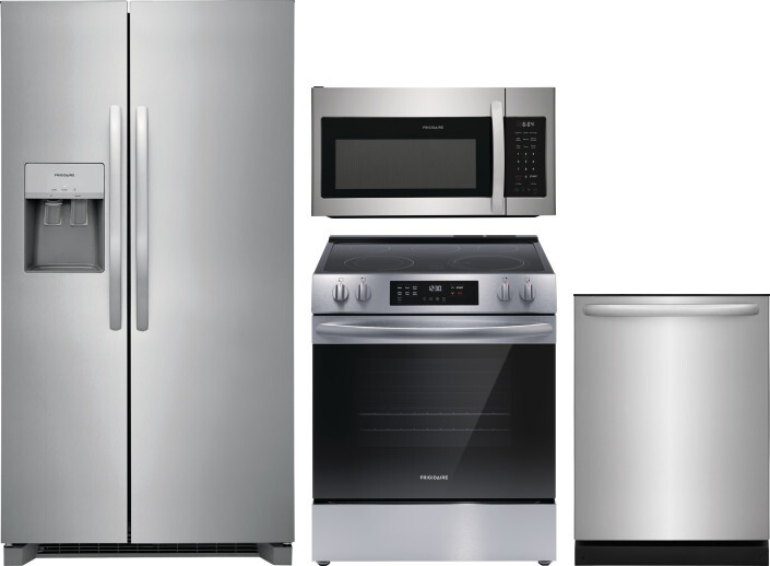 Frigidaire 4 Piece Kitchen Appliances Package with Side-by-Side Refrigerator, Electric Range, Dishwasher and Over the Range Microwave in Stainless Ste