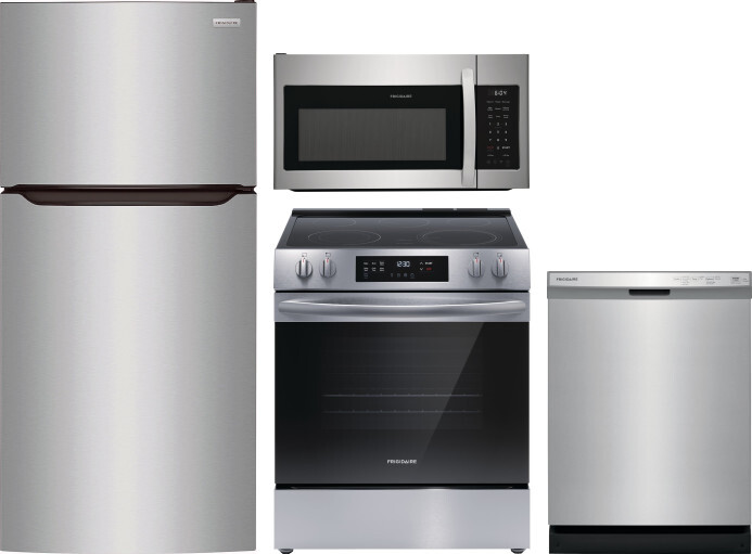 Frigidaire 4 Piece Kitchen Appliances Package with Top Freezer Refrigerator, Electric Range, Dishwasher and Over the Range Microwave in Stainless Stee