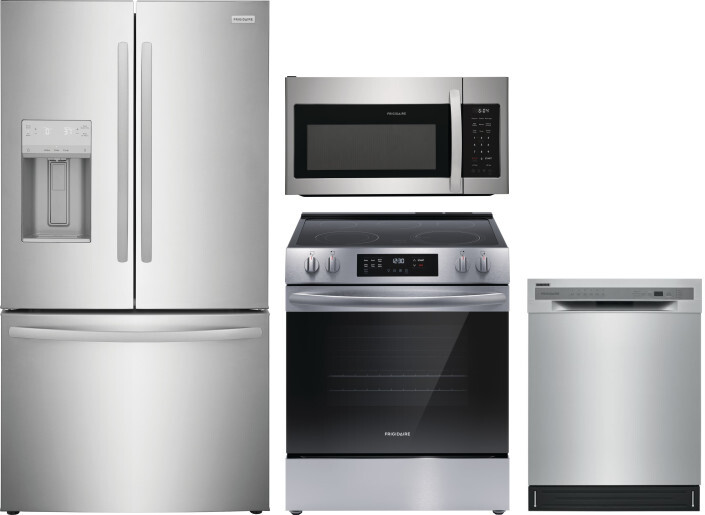 Frigidaire 4 Piece Kitchen Appliances Package with French Door Refrigerator, Electric Range, Dishwasher and Over the Range Microwave in Stainless Stee