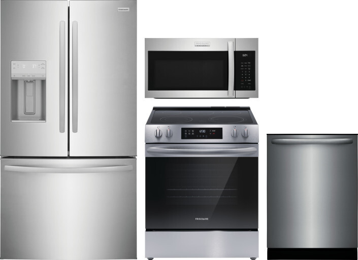 Frigidaire 4 Piece Kitchen Appliances Package with French Door Refrigerator, Electric Range, Dishwasher and Over the Range Microwave in Stainless Stee