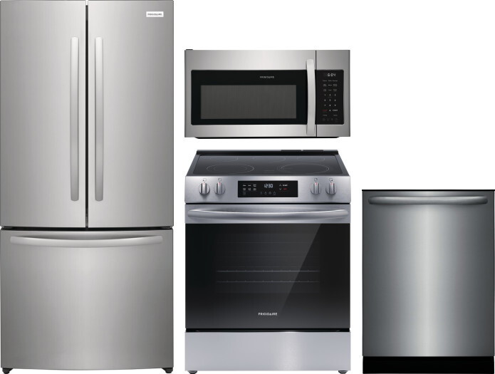 Frigidaire 4 Piece Kitchen Appliances Package with French Door Refrigerator, Electric Range, Dishwasher and Over the Range Microwave in Stainless Stee