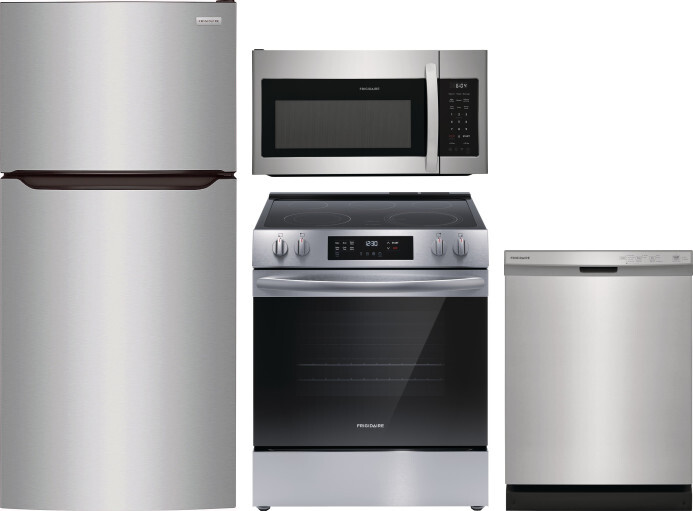 Frigidaire 4 Piece Kitchen Appliances Package with Top Freezer Refrigerator, Electric Range, Dishwasher and Over the Range Microwave in Stainless Stee