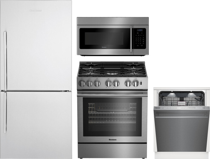 Blomberg 4 Piece Kitchen Appliances Package with Bottom Freezer Refrigerator, Gas Range, Dishwasher and Over the Range Microwave in Stainless Steel BL