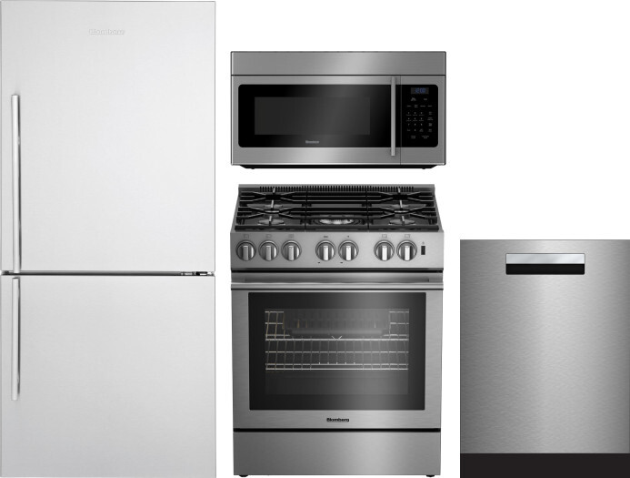 Blomberg 4 Piece Kitchen Appliances Package with Bottom Freezer Refrigerator, Gas Range, Dishwasher and Over the Range Microwave in Stainless Steel BL