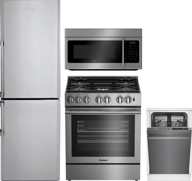 Blomberg 4 Piece Kitchen Appliances Package with Bottom Freezer Refrigerator, Gas Range, Dishwasher and Over the Range Microwave in Stainless Steel BL