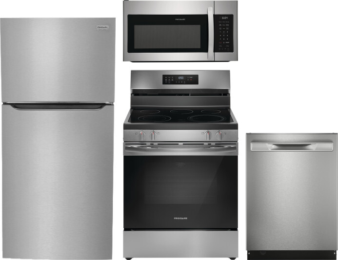 Frigidaire Gallery 4 Piece Kitchen Appliances Package with Top Freezer Refrigerator, Electric Range, Dishwasher and Over the Range Microwave in Stainl