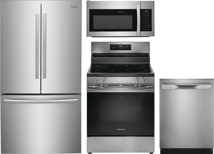 Frigidaire Gallery 4 Piece Kitchen Appliances Package with French Door Refrigerator, Electric Range, Dishwasher and Over the Range Microwave in Stainl