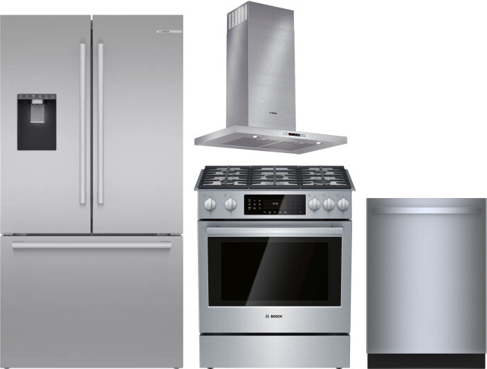 Bosch 4 Piece Kitchen Appliances Package with French Door Refrigerator, Gas Range and Dishwasher in Stainless Steel BORERADWRH828