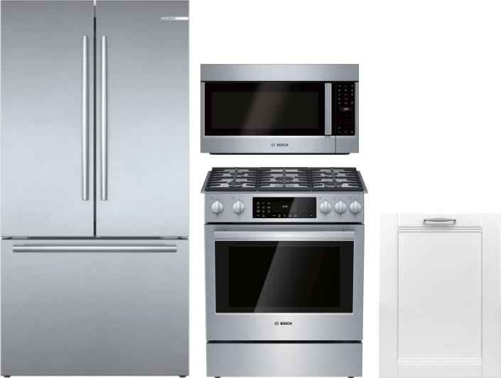 Bosch 800 4 Piece Kitchen Appliances Package with French Door Refrigerator, Dual Fuel Range, Over the Range Microwave and Dishwasher in Stainless Stee