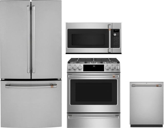 Cafe 4 Piece Kitchen Appliances Package with French Door Refrigerator, Gas Range, Dishwasher and Over the Range Microwave in Stainless Steel CAFRERADW