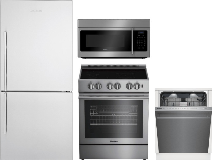 Blomberg 4 Piece Kitchen Appliances Package with Bottom Freezer Refrigerator, Electric Range, Dishwasher and Over the Range Microwave in Stainless Ste