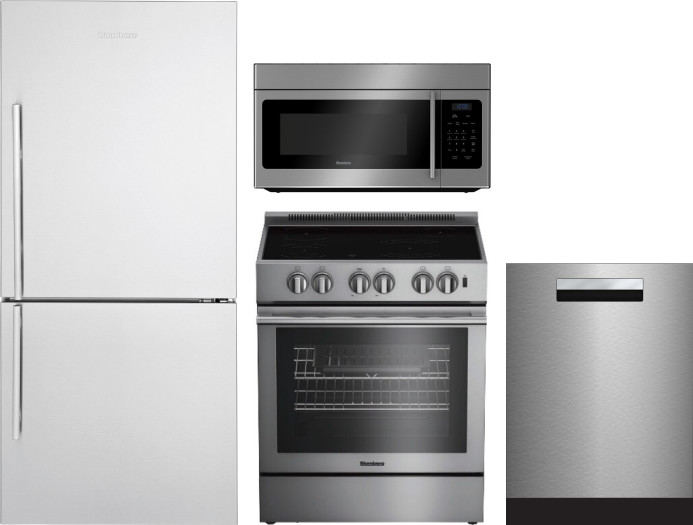 Blomberg 4 Piece Kitchen Appliances Package with Bottom Freezer Refrigerator, Electric Range, Dishwasher and Over the Range Microwave in Stainless Ste